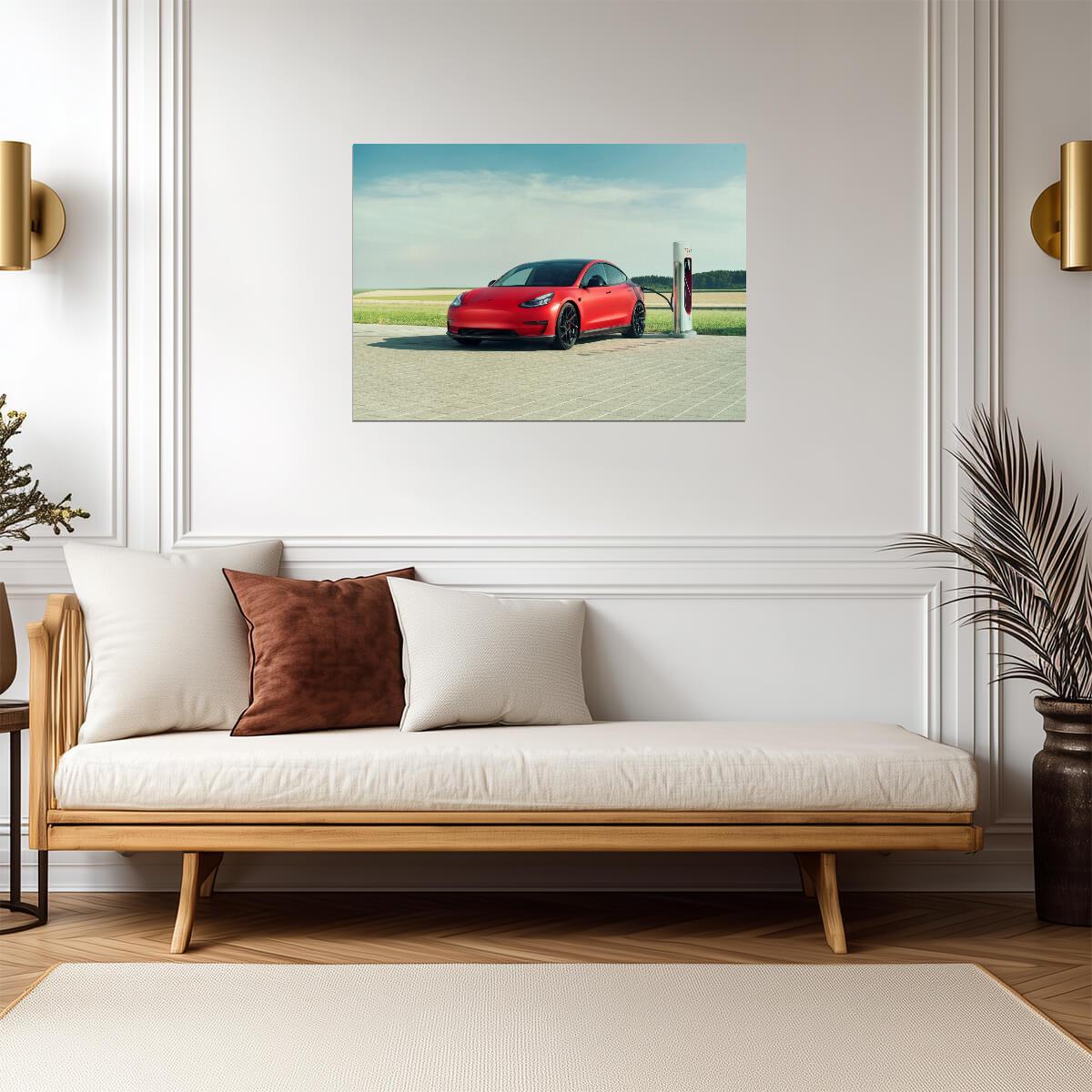 Novitec Tesla Model 3 | Red Electric Car Poster | EV at Supercharger Station - Cars Poster