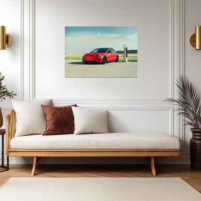 Novitec Tesla Model 3 | Red Electric Car Poster | EV at Supercharger Station - Cars Poster