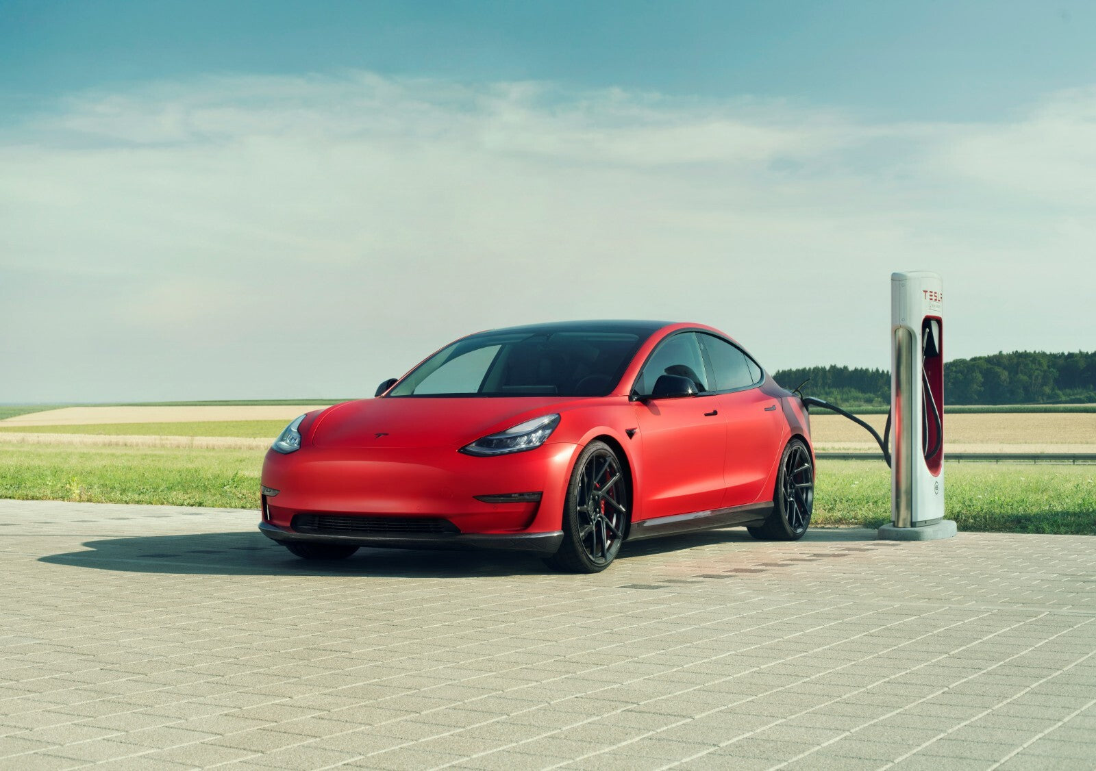 Novitec Tesla Model 3 | Red Electric Car Poster | EV at Supercharger Station - Cars Poster
