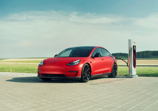 Novitec Tesla Model 3 | Red Electric Car Poster | EV at Supercharger Station - Cars Poster