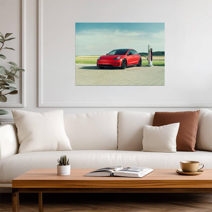 Novitec Tesla Model 3 | Red Electric Car Poster | EV at Supercharger Station - Cars Poster