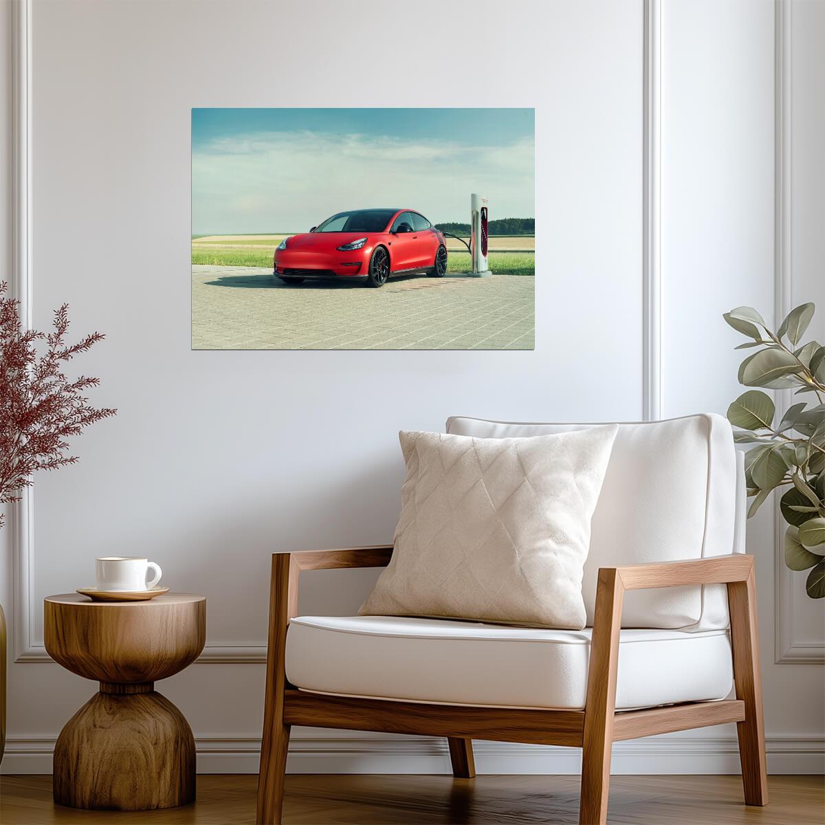 Novitec Tesla Model 3 | Red Electric Car Poster | EV at Supercharger Station - Cars Poster