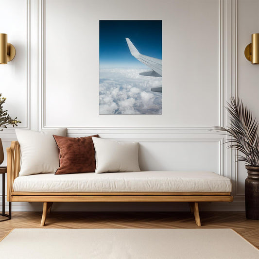 Airplane Wing View Above Clouds | Travel Photography Poster | Window Seat Sky Art Print - Cars Poster