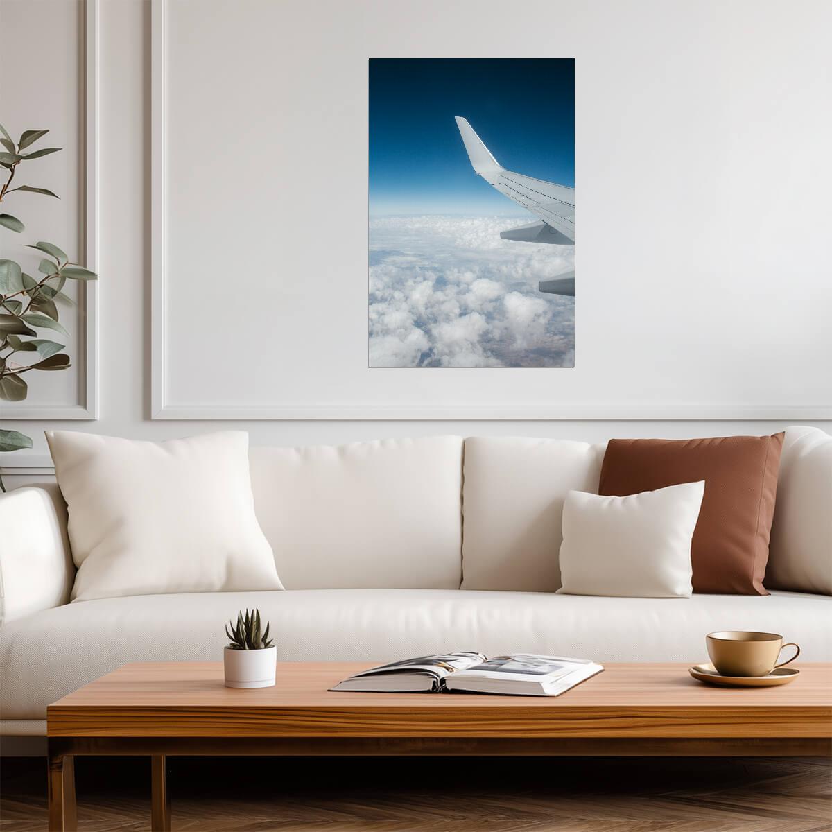Airplane Wing View Above Clouds | Travel Photography Poster | Window Seat Sky Art Print - Cars Poster