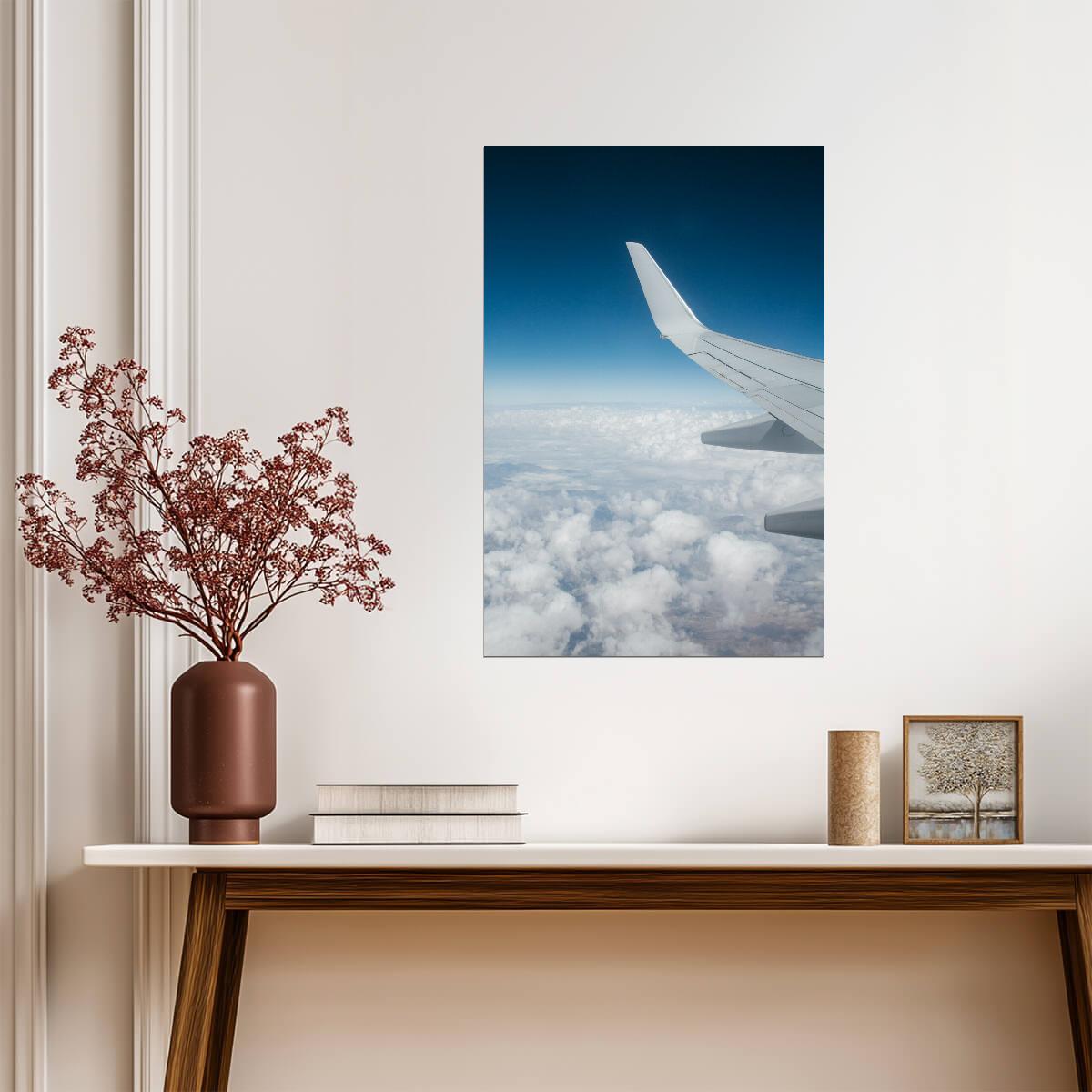Airplane Wing View Above Clouds | Travel Photography Poster | Window Seat Sky Art Print - Cars Poster