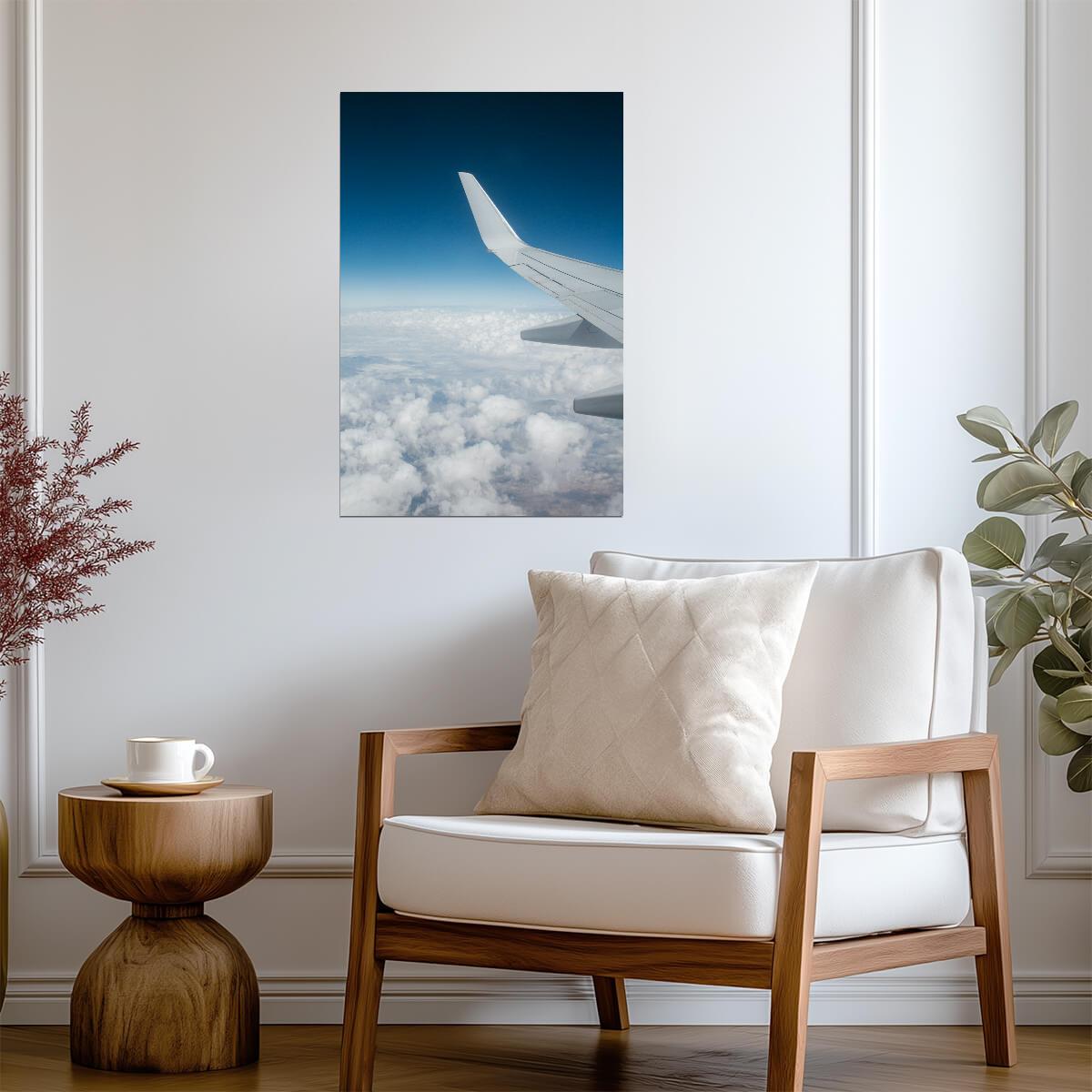 Airplane Wing View Above Clouds | Travel Photography Poster | Window Seat Sky Art Print - Cars Poster
