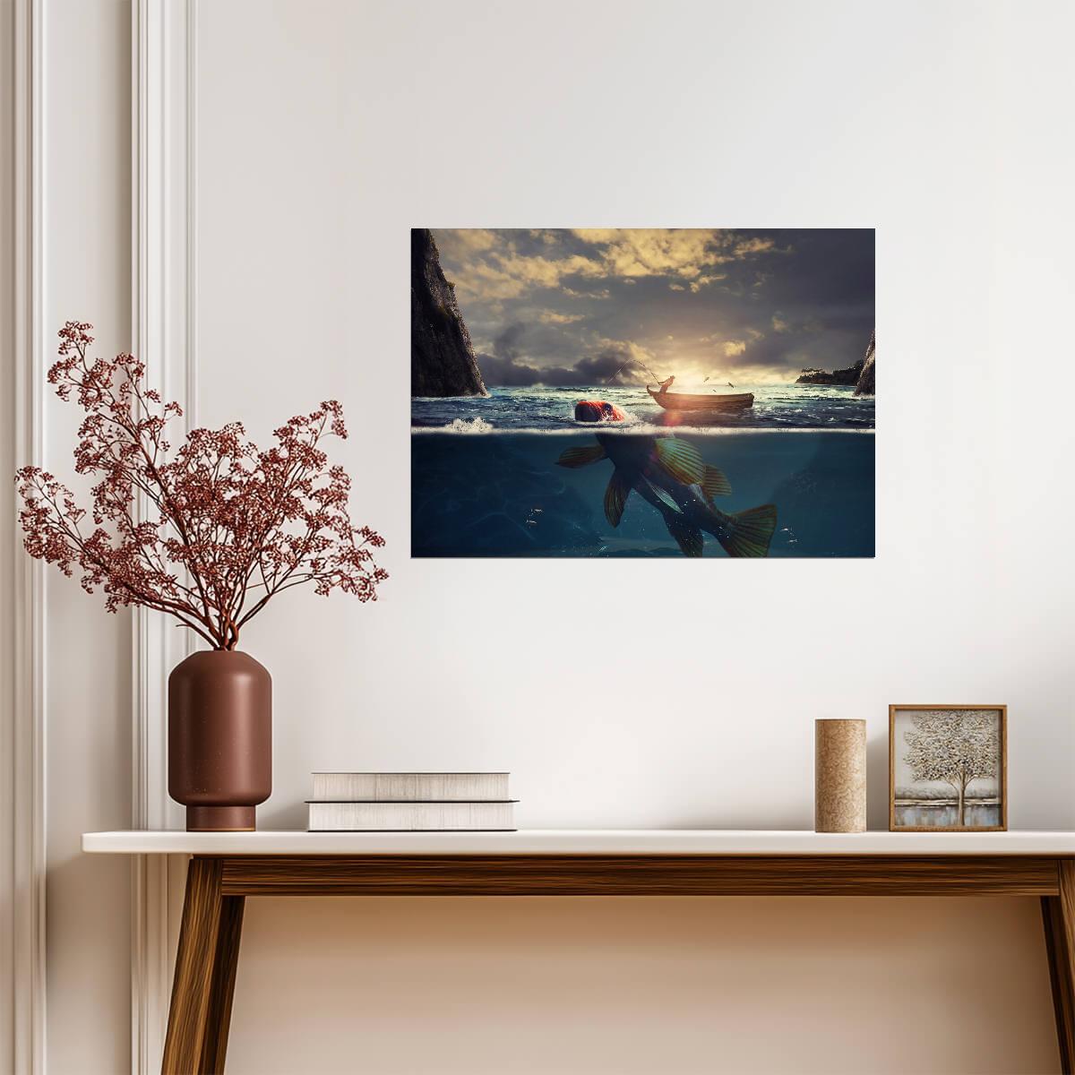 Surreal Fishing Scene | Fisherman and Giant Fish | Digital Art Poster - Graphic & Art Poster