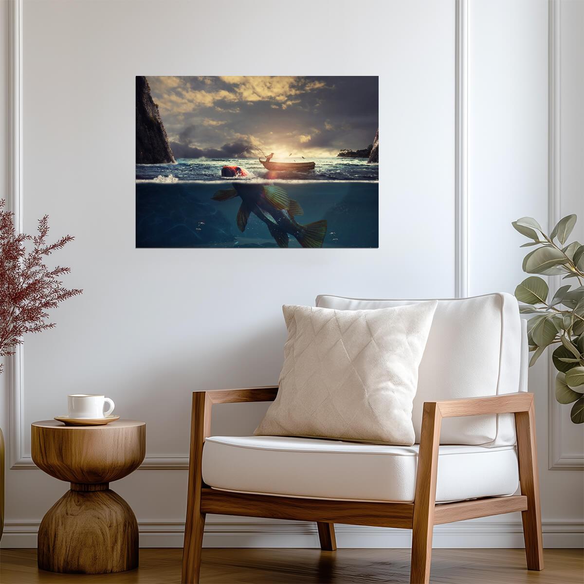 Surreal Fishing Scene | Fisherman and Giant Fish | Digital Art Poster - Graphic & Art Poster