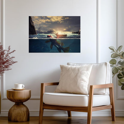 Surreal Fishing Scene | Fisherman and Giant Fish | Digital Art Poster - Graphic & Art Poster