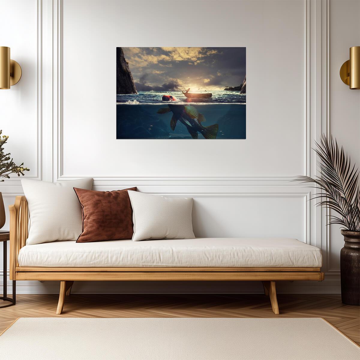 Surreal Fishing Scene | Fisherman and Giant Fish | Digital Art Poster - Graphic & Art Poster