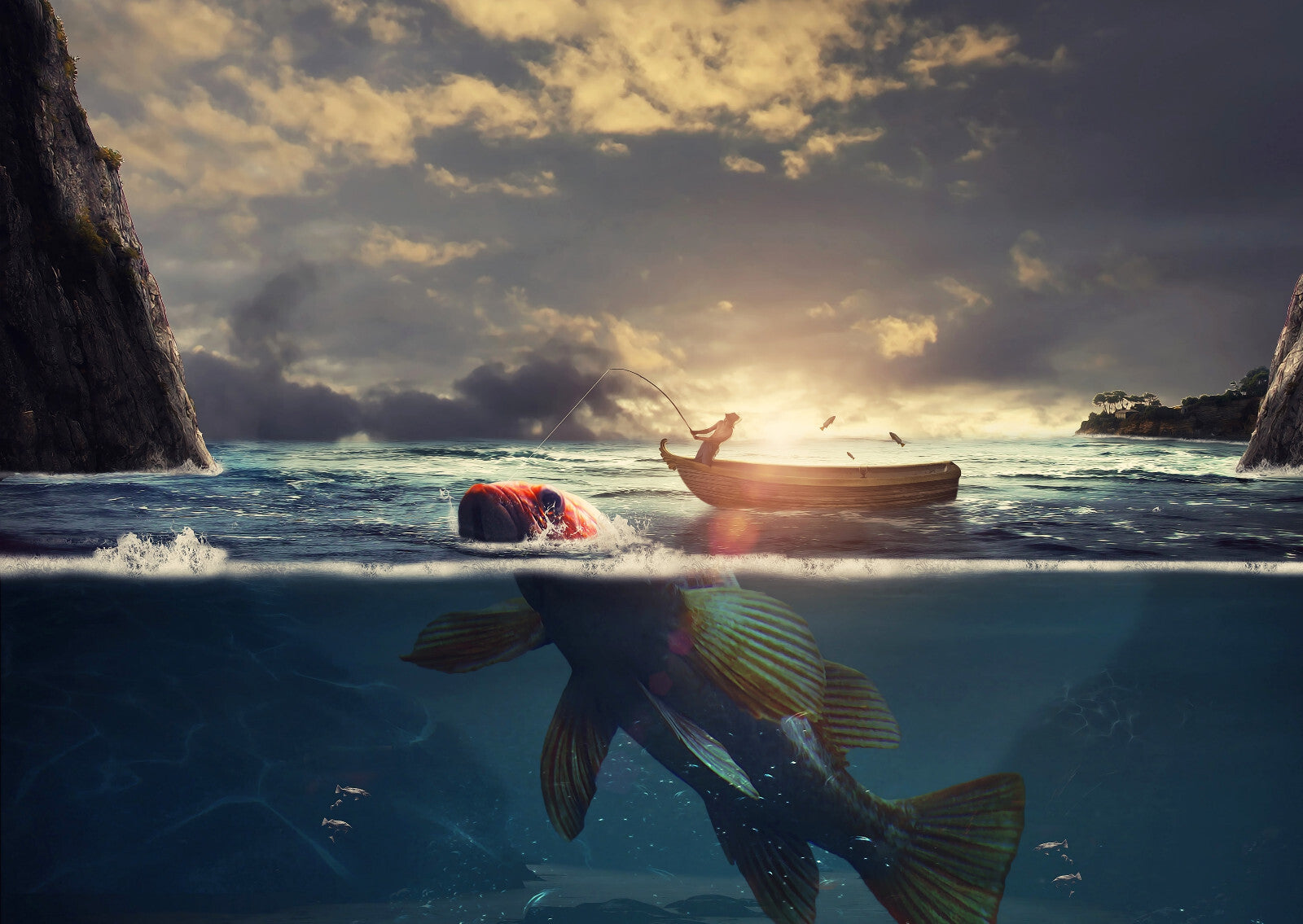 Surreal Fishing Scene | Fisherman and Giant Fish | Digital Art Poster - Graphic & Art Poster