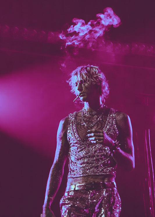 Machine Gun Kelly Live in Concert | MGK Smoking on Stage Poster | Vibrant Rock Star Photography - Music Poster