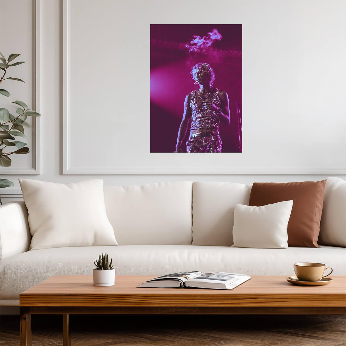 Machine Gun Kelly Live in Concert | MGK Smoking on Stage Poster | Vibrant Rock Star Photography - Music Poster