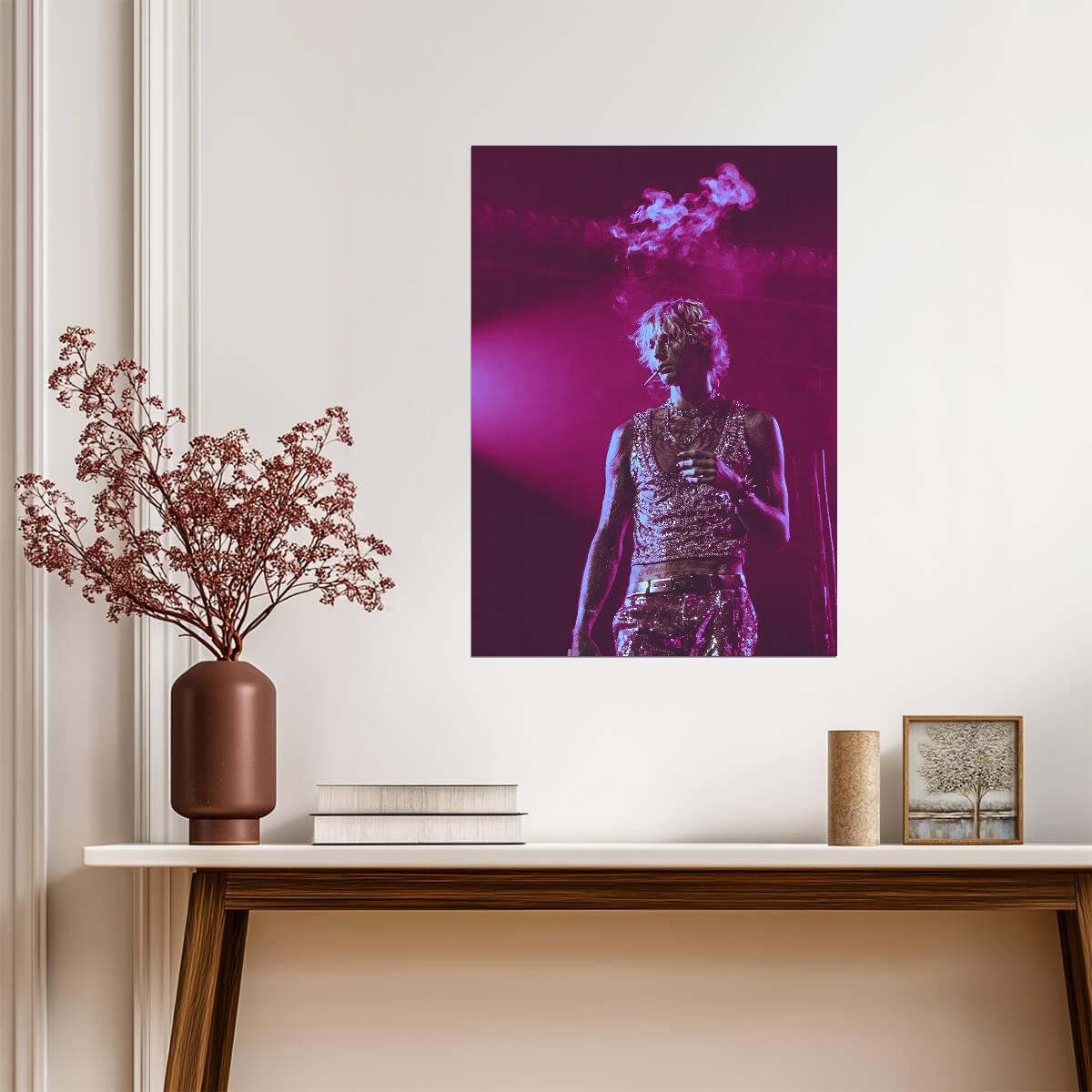 Machine Gun Kelly Live in Concert | MGK Smoking on Stage Poster | Vibrant Rock Star Photography - Music Poster