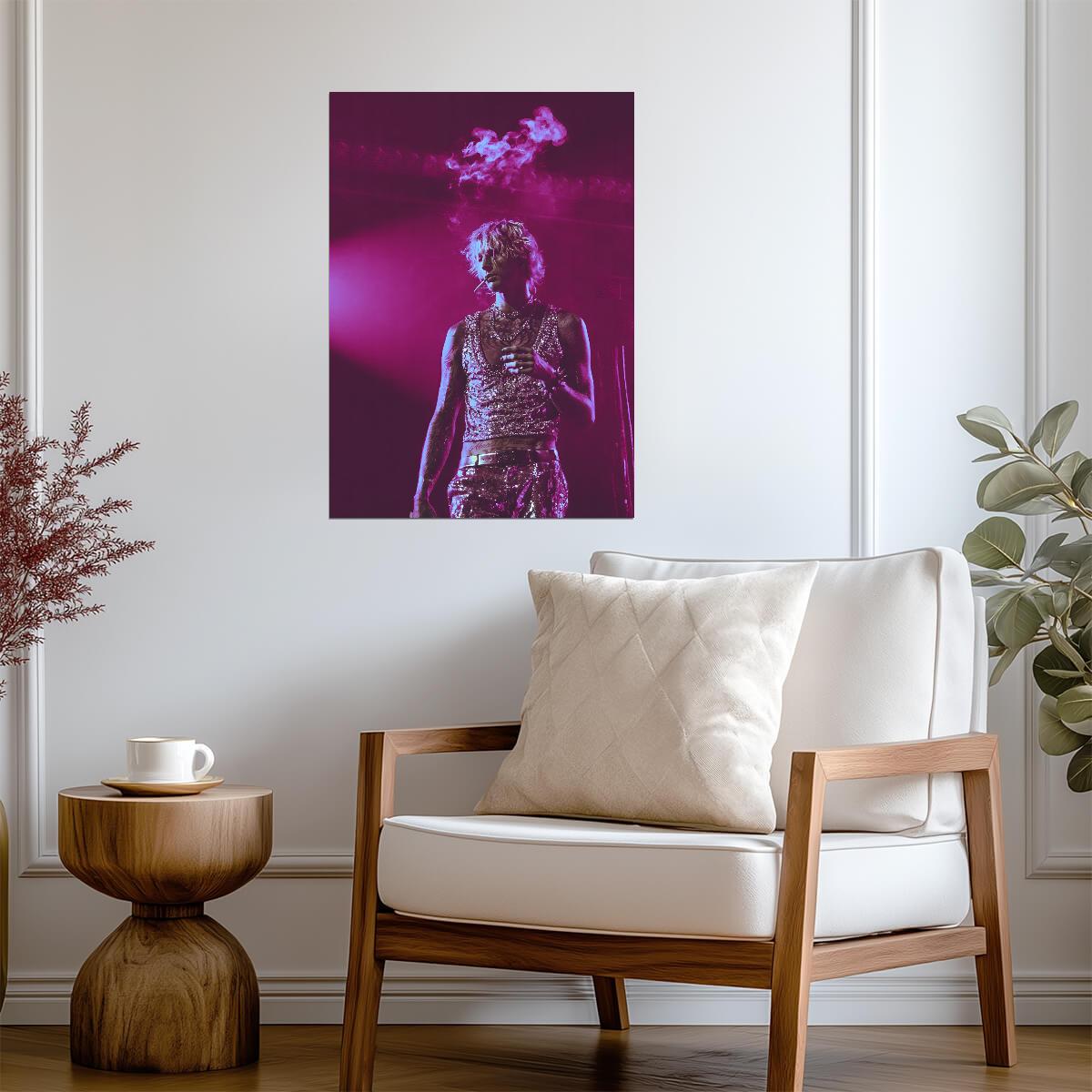 Machine Gun Kelly Live in Concert | MGK Smoking on Stage Poster | Vibrant Rock Star Photography - Music Poster