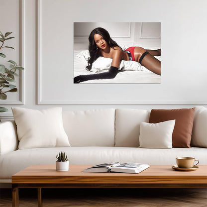 Rihanna Red Lingerie on Bed | Savage X Fenty Poster | Sexy Music Star Wall Art - Music Poster
