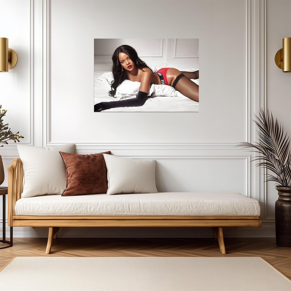 Rihanna Red Lingerie on Bed | Savage X Fenty Poster | Sexy Music Star Wall Art - Music Poster