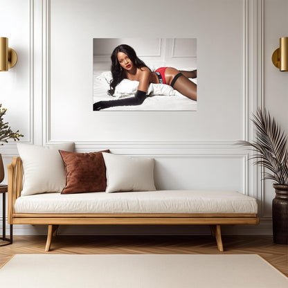 Rihanna Red Lingerie on Bed | Savage X Fenty Poster | Sexy Music Star Wall Art - Music Poster