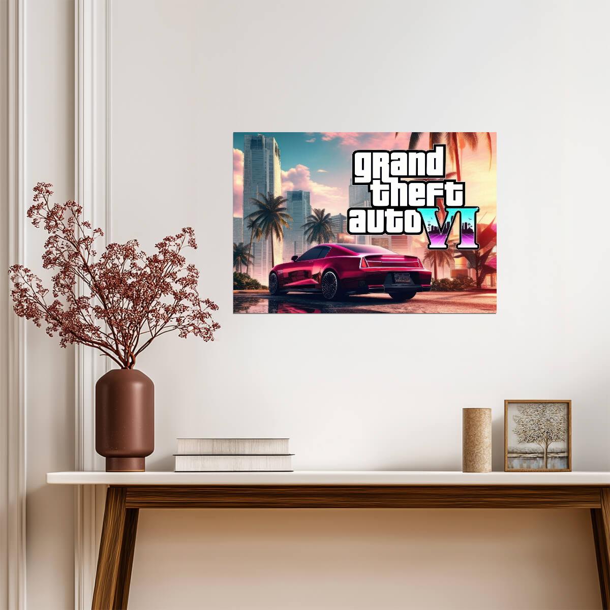 Grand Theft Auto VI Fan Concept Car | Vice City Style Poster | Modern Gaming Room Decor - Video Games Poster