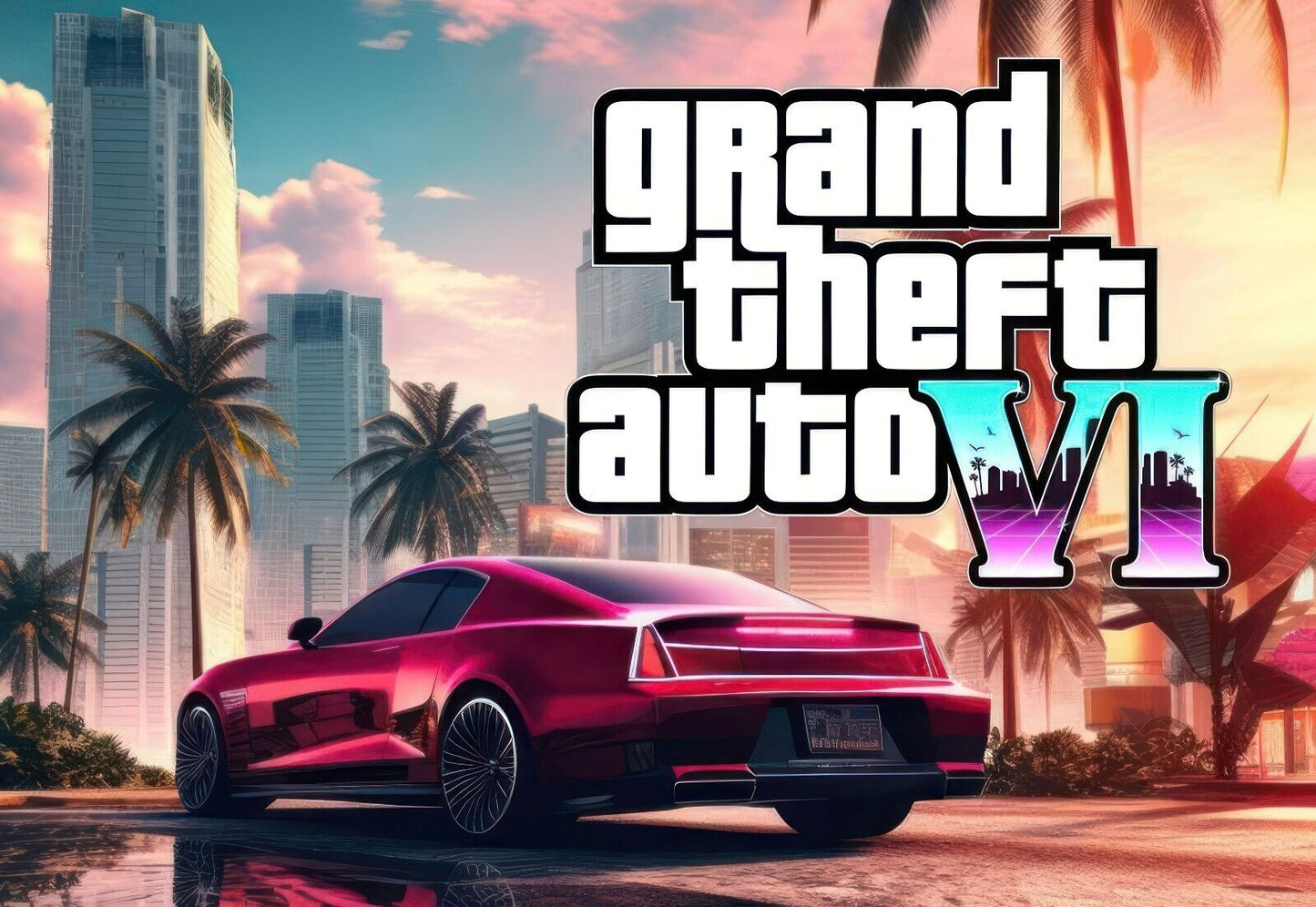 Grand Theft Auto VI Fan Concept Car | Vice City Style Poster | Modern Gaming Room Decor - Video Games Poster