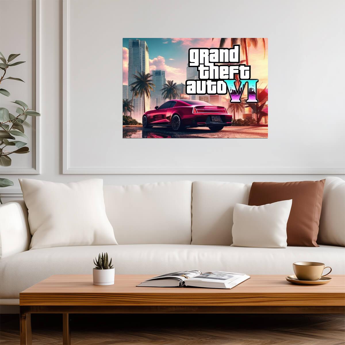 Grand Theft Auto VI Fan Concept Car | Vice City Style Poster | Modern Gaming Room Decor - Video Games Poster