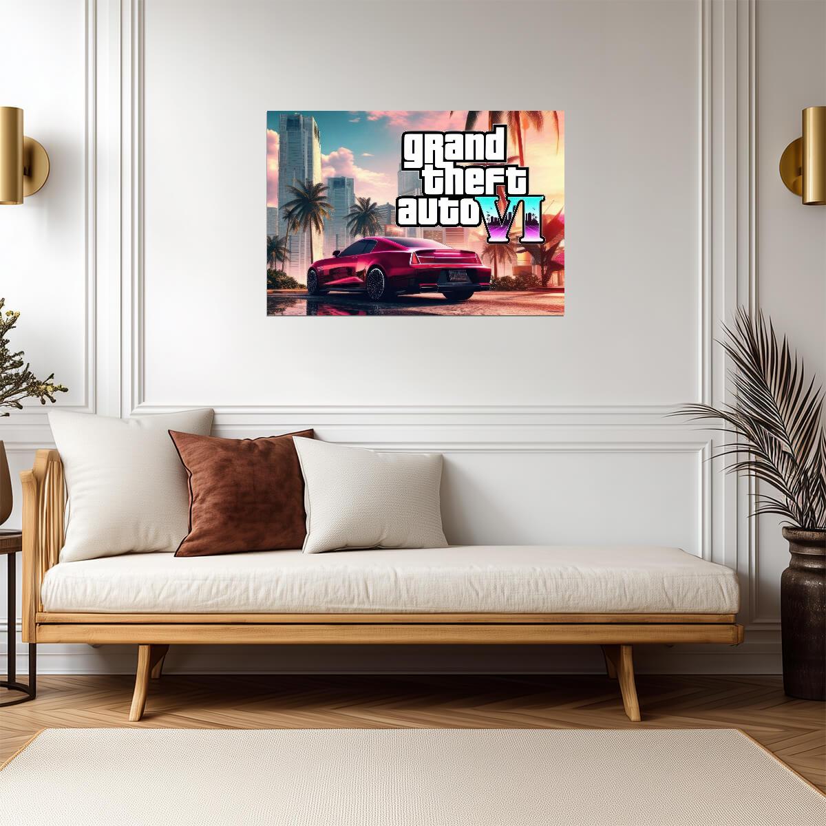 Grand Theft Auto VI Fan Concept Car | Vice City Style Poster | Modern Gaming Room Decor - Video Games Poster
