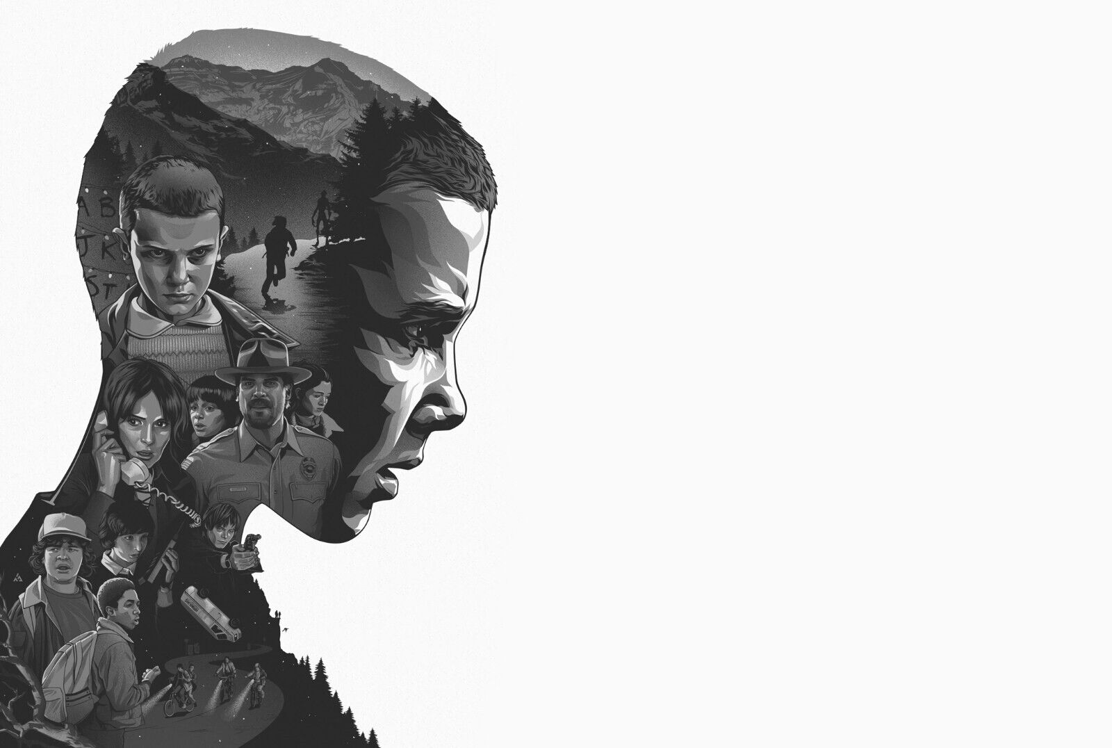 Stranger Things Eleven Silhouette Collage | Black and White TV Show Poster | Minimalist Fan Art - Movies & TV Poster