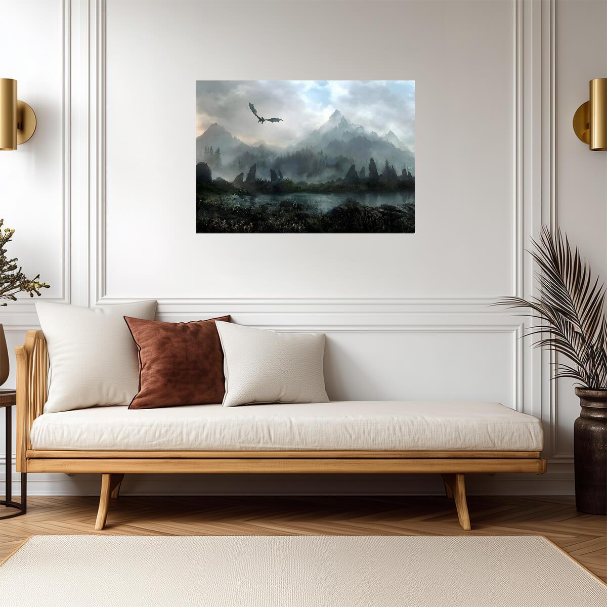 Skyrim Dragon Over Misty Mountains | Fantasy Landscape Art Poster | Elder Scrolls Gaming Decor - Video Games Poster