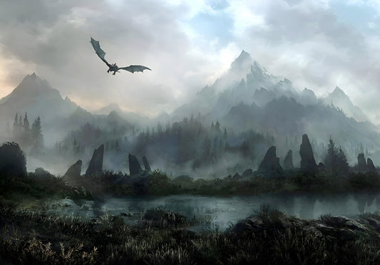 Skyrim Dragon Over Misty Mountains | Fantasy Landscape Art Poster | Elder Scrolls Gaming Decor - Video Games Poster