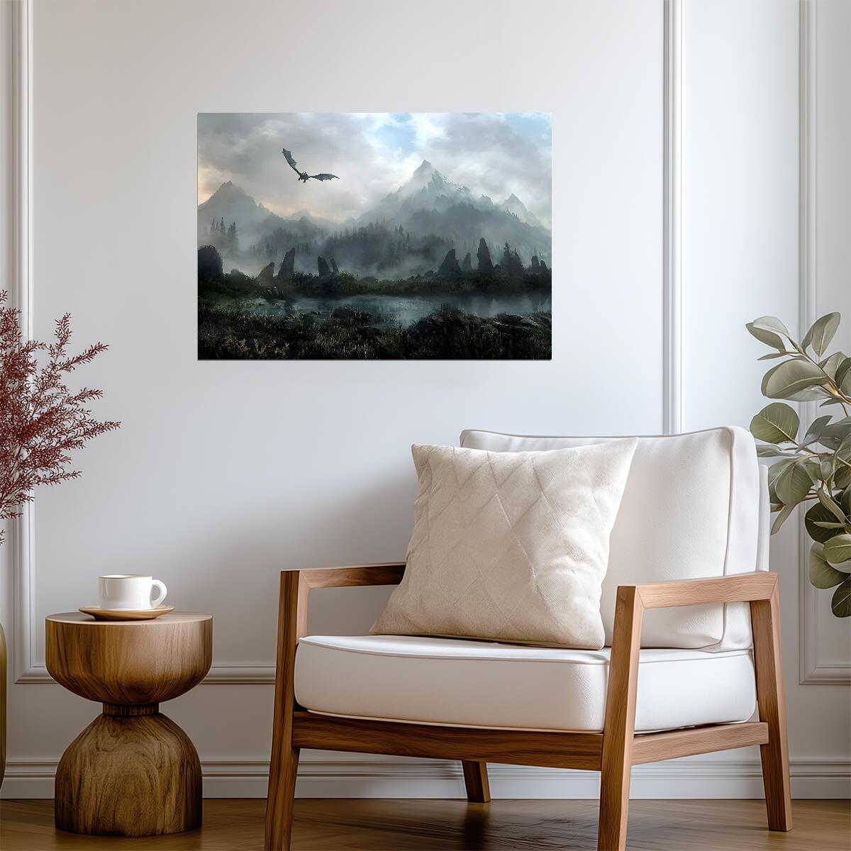 Skyrim Dragon Over Misty Mountains | Fantasy Landscape Art Poster | Elder Scrolls Gaming Decor - Video Games Poster