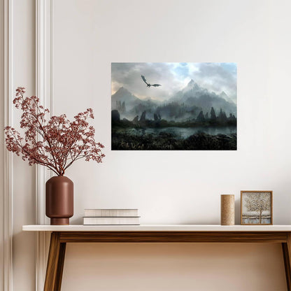 Skyrim Dragon Over Misty Mountains | Fantasy Landscape Art Poster | Elder Scrolls Gaming Decor - Video Games Poster