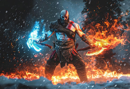 God of War Ragnarök Kratos Dual Wielding | Ice & Fire Weapons Poster | Norse Mythology Game Art - Video Games Poster