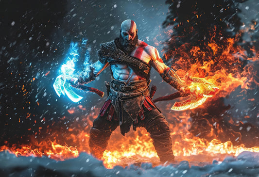 God of War Ragnarök Kratos Dual Wielding | Ice & Fire Weapons Poster | Norse Mythology Game Art - Video Games Poster