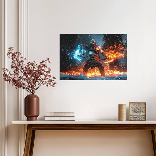 God of War Ragnarök Kratos Dual Wielding | Ice & Fire Weapons Poster | Norse Mythology Game Art - Video Games Poster