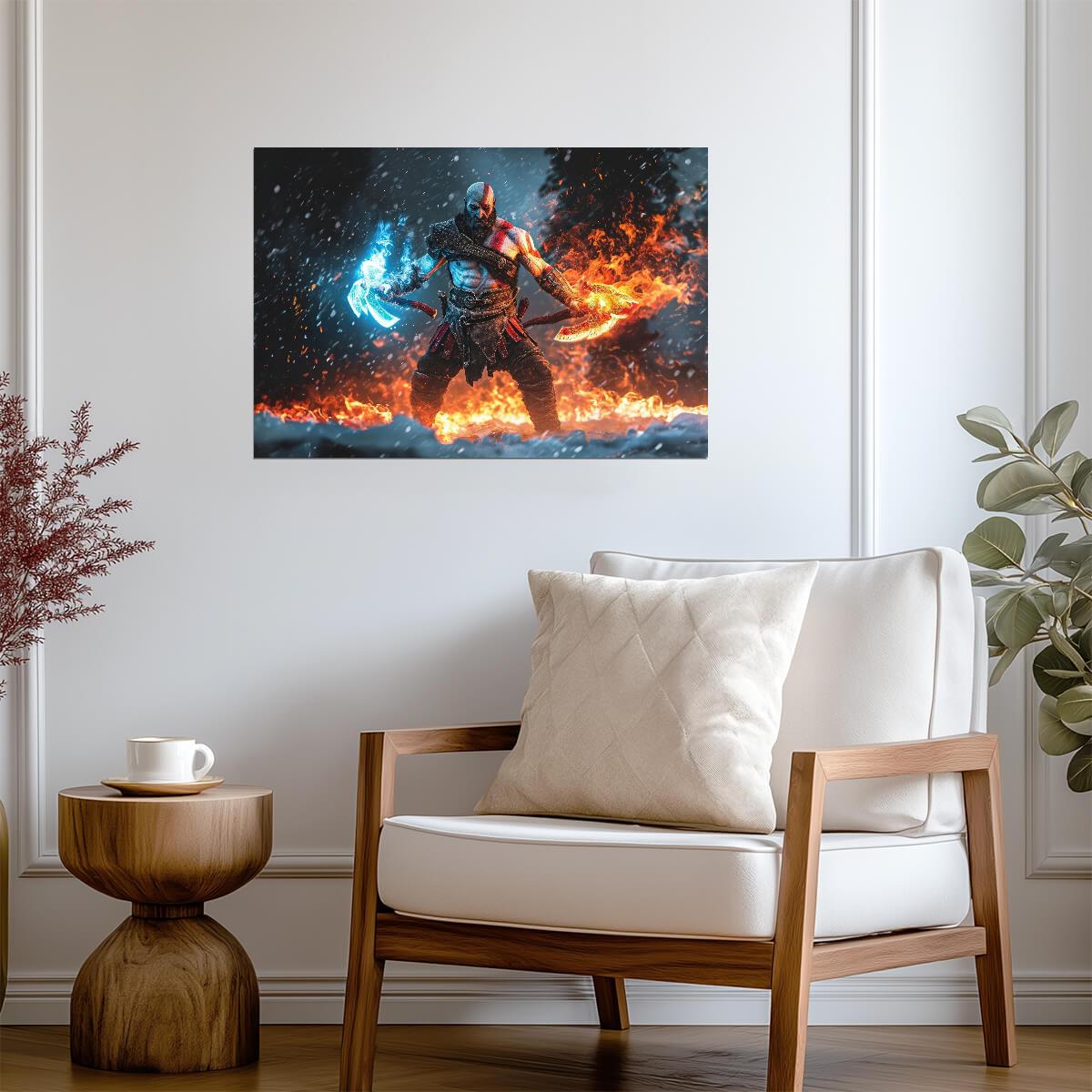 God of War Ragnarök Kratos Dual Wielding | Ice & Fire Weapons Poster | Norse Mythology Game Art - Video Games Poster