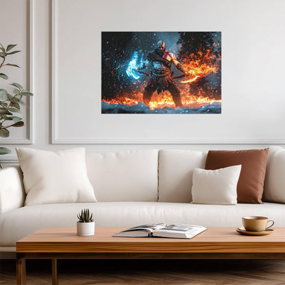 God of War Ragnarök Kratos Dual Wielding | Ice & Fire Weapons Poster | Norse Mythology Game Art - Video Games Poster