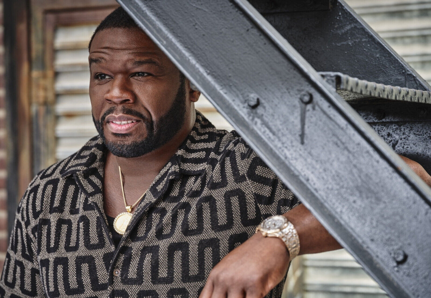 50 Cent Modern Portrait | Patterned Shirt Photoshoot Poster | Hip Hop Star Wall Art - Music Poster