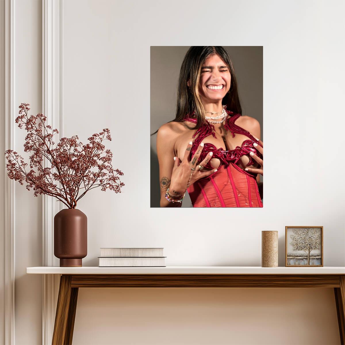 Mia Khalifa Joyful Portrait | Modern Celebrity Print | Sexy Red Corset Poster - Celebrities Poster
