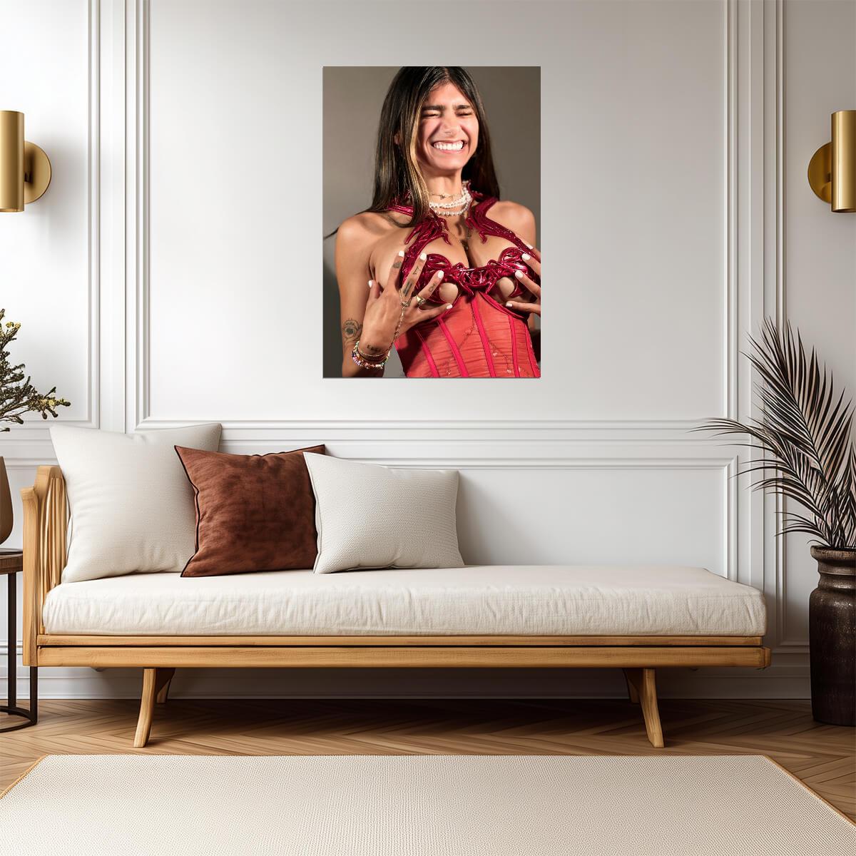 Mia Khalifa Joyful Portrait | Modern Celebrity Print | Sexy Red Corset Poster - Celebrities Poster