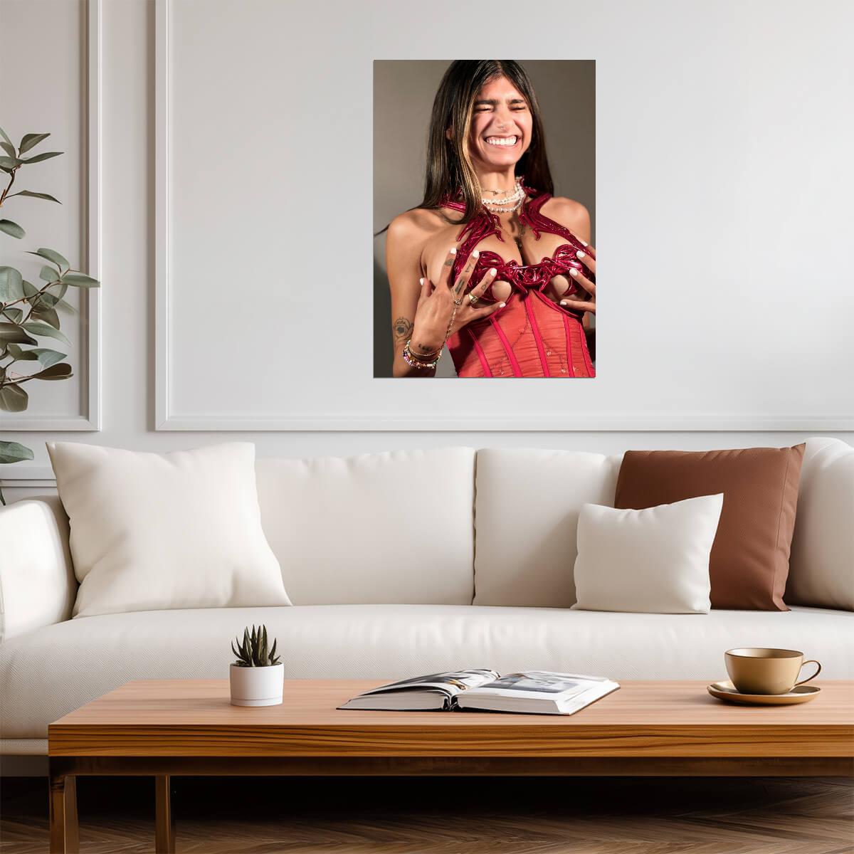 Mia Khalifa Joyful Portrait | Modern Celebrity Print | Sexy Red Corset Poster - Celebrities Poster