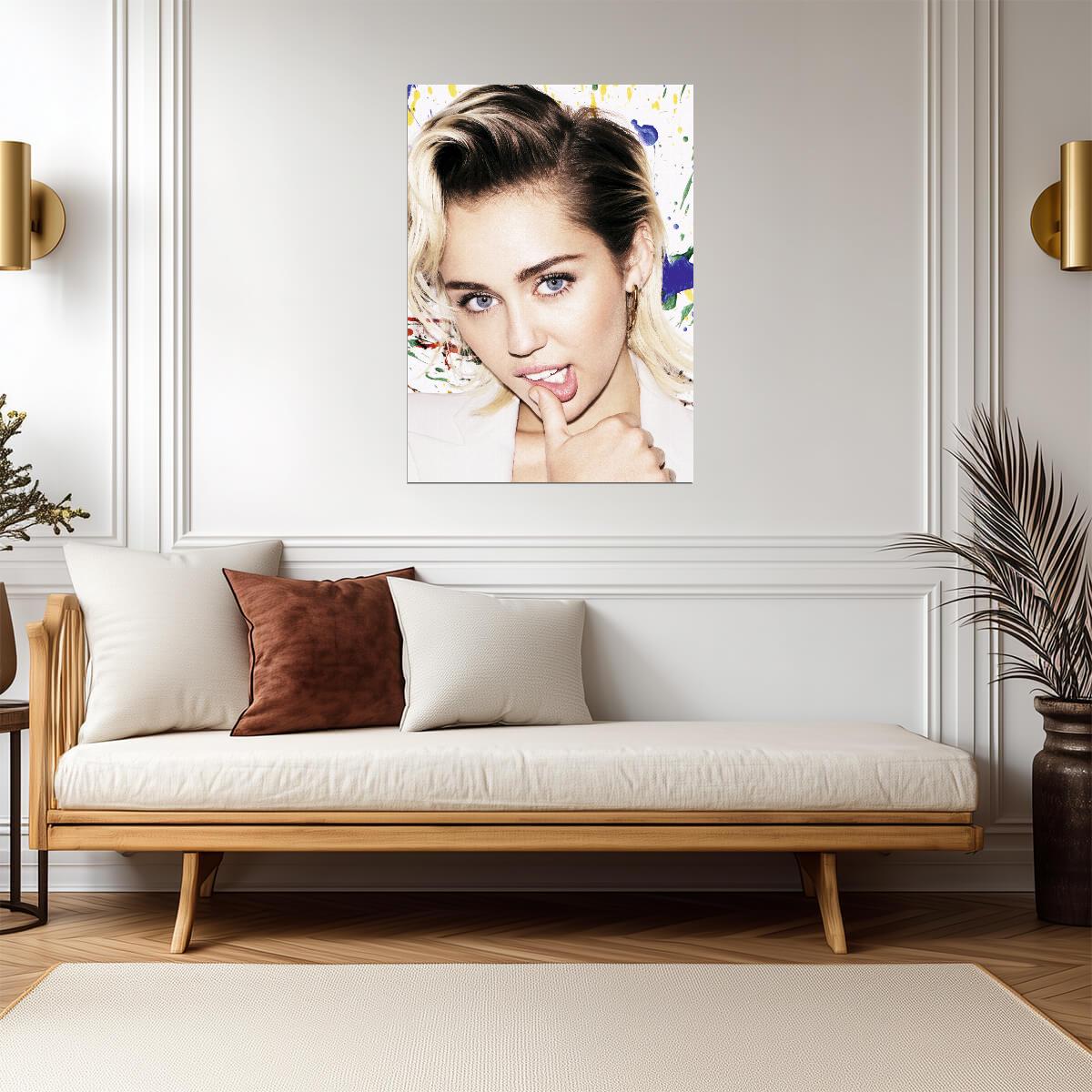 Miley Cyrus Close-Up Portrait | Pop Star Music Poster | Vibrant Paint Splatter Art - Music Poster