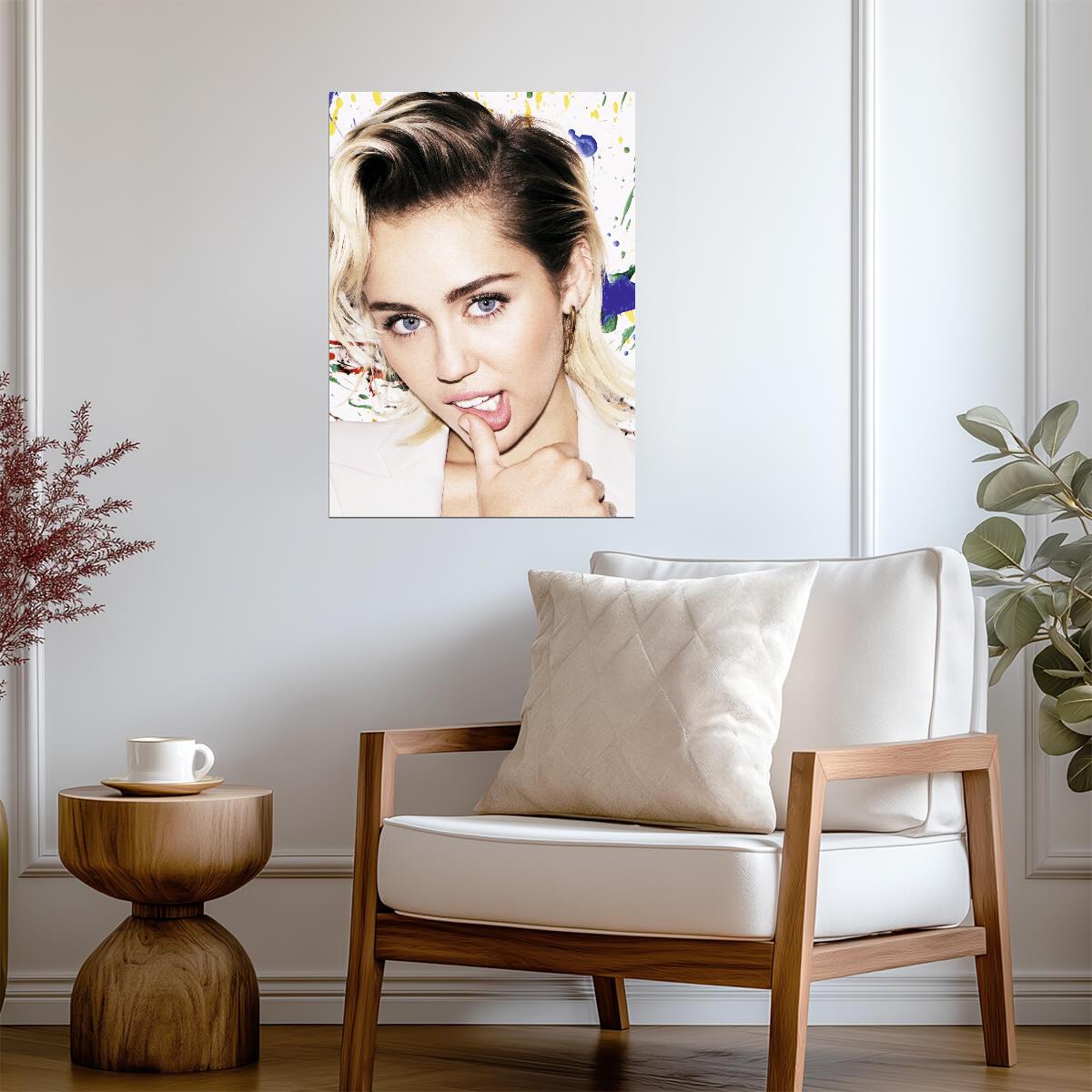 Miley Cyrus Close-Up Portrait | Pop Star Music Poster | Vibrant Paint Splatter Art - Music Poster