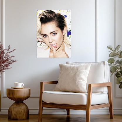 Miley Cyrus Close-Up Portrait | Pop Star Music Poster | Vibrant Paint Splatter Art - Music Poster