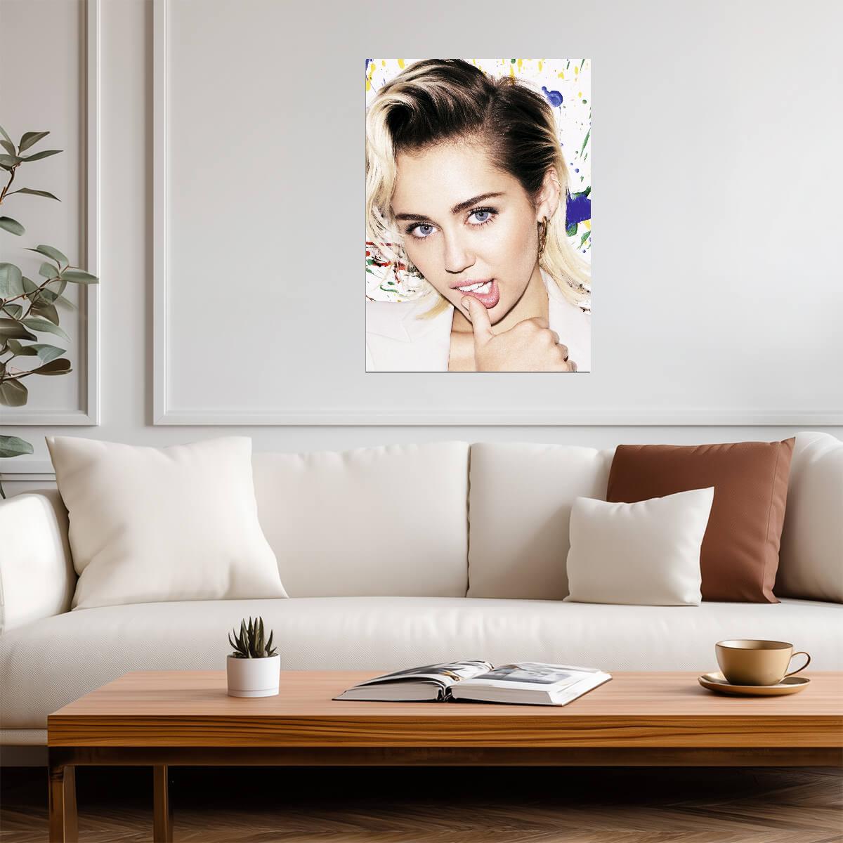 Miley Cyrus Close-Up Portrait | Pop Star Music Poster | Vibrant Paint Splatter Art - Music Poster