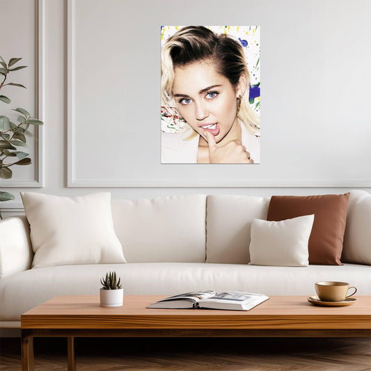 Miley Cyrus Close-Up Portrait | Pop Star Music Poster | Vibrant Paint Splatter Art - Music Poster