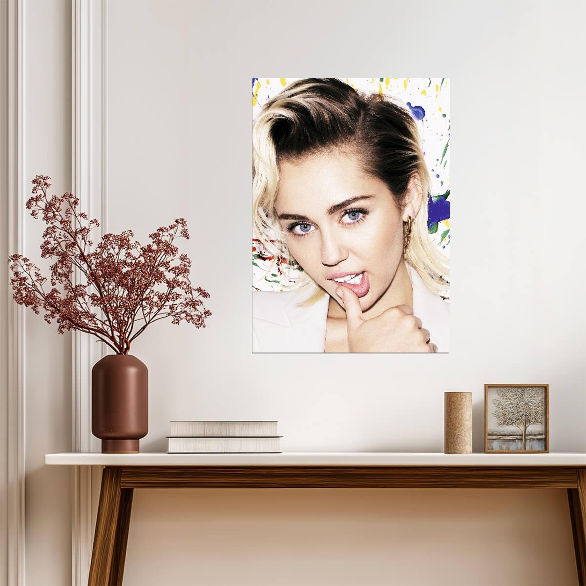 Miley Cyrus Close-Up Portrait | Pop Star Music Poster | Vibrant Paint Splatter Art - Music Poster