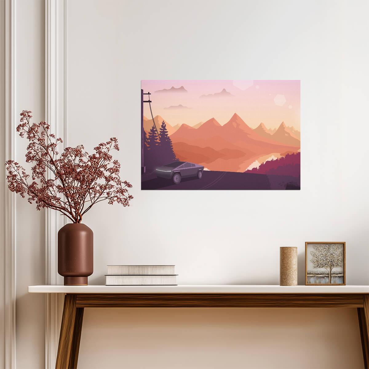 Tesla Cybertruck | Minimalist Vector Art Print | Futuristic Landscape Poster - Cars Poster