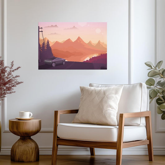 Tesla Cybertruck | Minimalist Vector Art Print | Futuristic Landscape Poster - Cars Poster