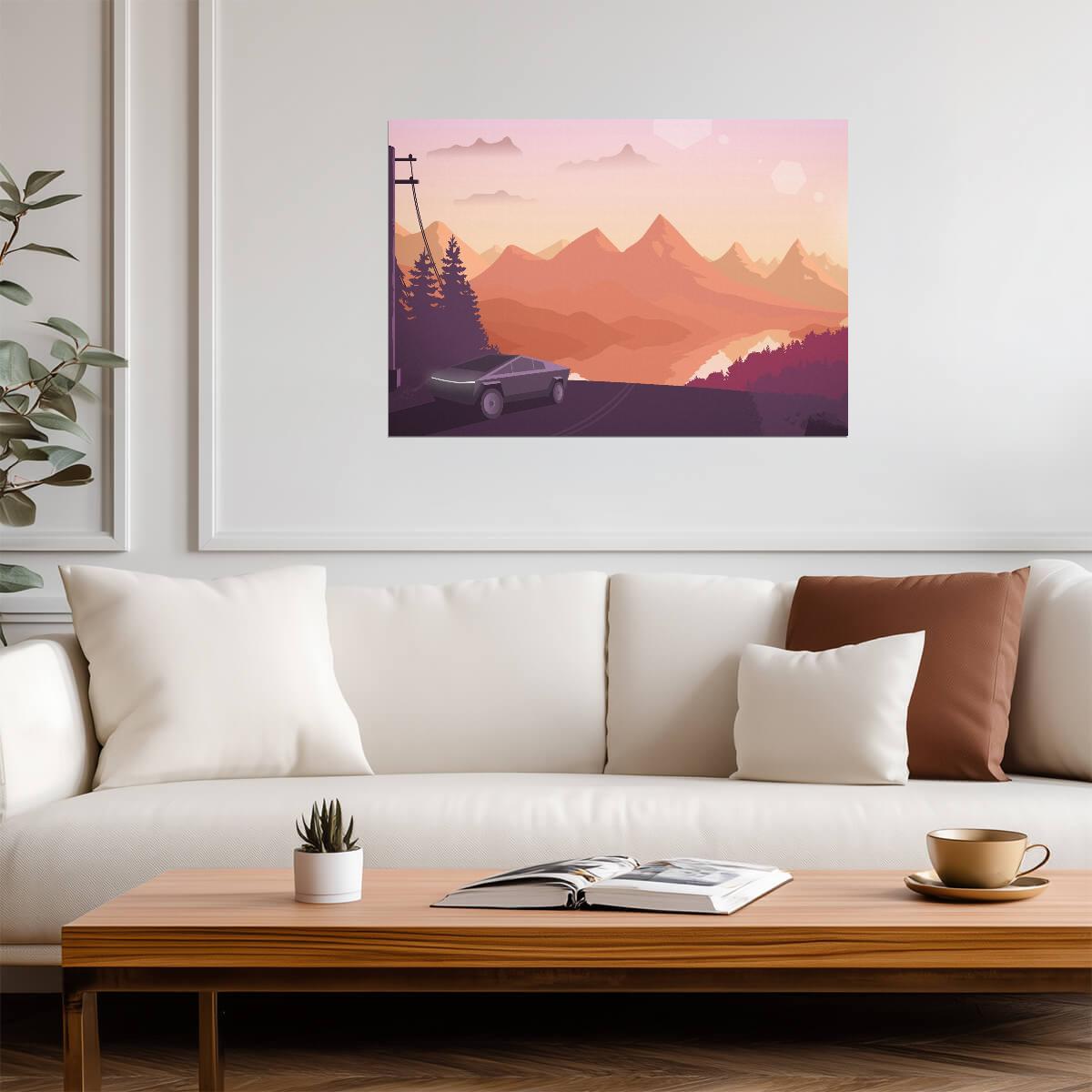 Tesla Cybertruck | Minimalist Vector Art Print | Futuristic Landscape Poster - Cars Poster