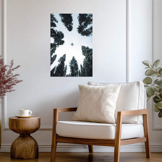 Airplane Flying Over Forest | Looking Up Perspective Poster | Aviation & Nature Photography - Cars Poster